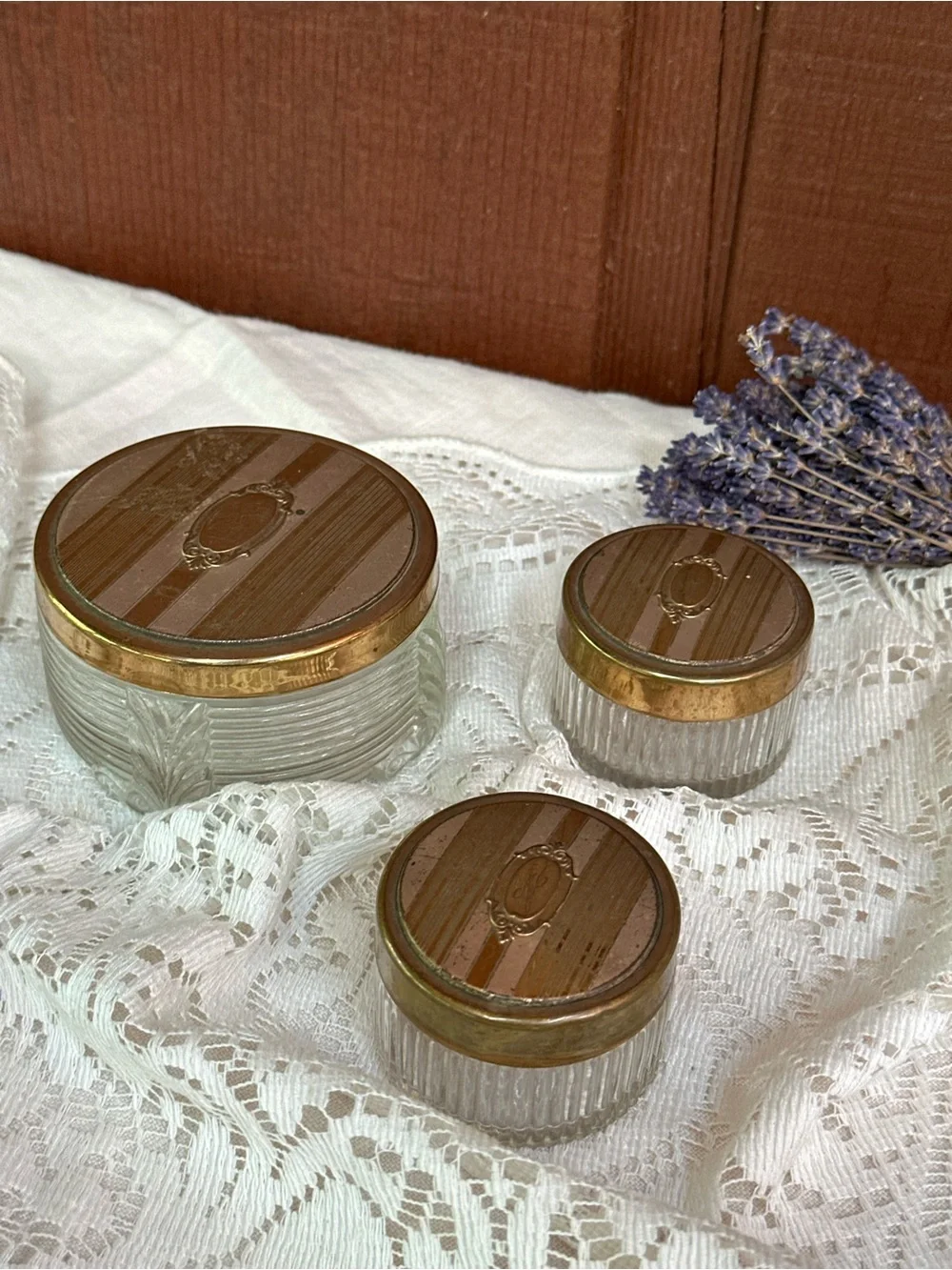 3-Piece Ribbed Clear Glass Vanity Powder Jar Set w/ Gold Tone Metal Lids